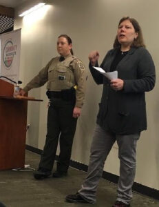 Deerfield Police Officer Rheanna Hall and DHS Assistant Principal Dr. Lilly Brandt present to parents at the Deerfield Public Library